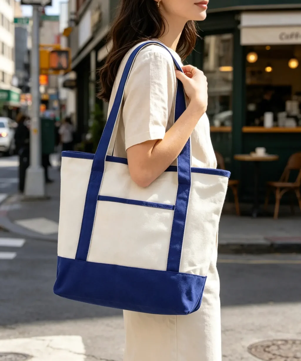 Premium Large Canvas Two-Tone Navy Blue Tote Bag Front Pocket