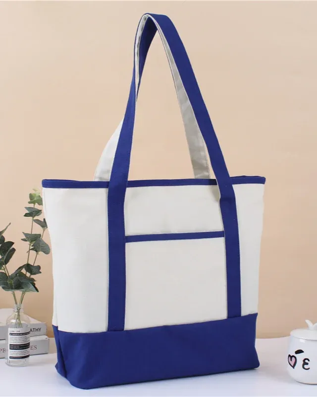 Premium Large Canvas Two-Tone Navy Blue Tote Bag Front Pocket
