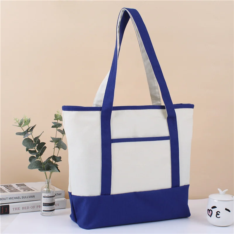 Premium Large Canvas Two-Tone Navy Blue Tote Bag Front Pocket