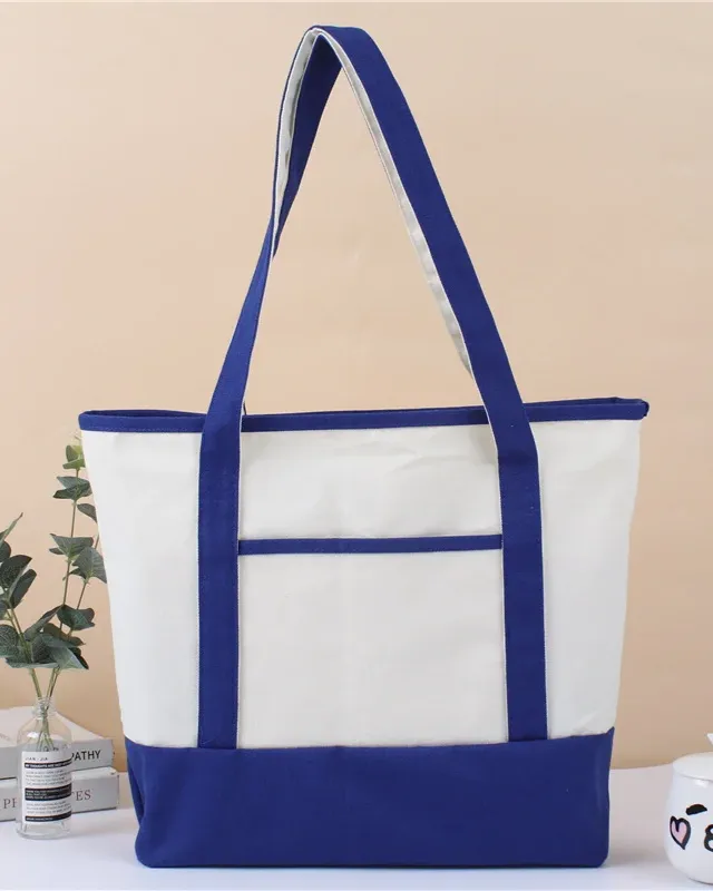Premium Large Canvas Two-Tone Navy Blue Tote Bag Front Pocket