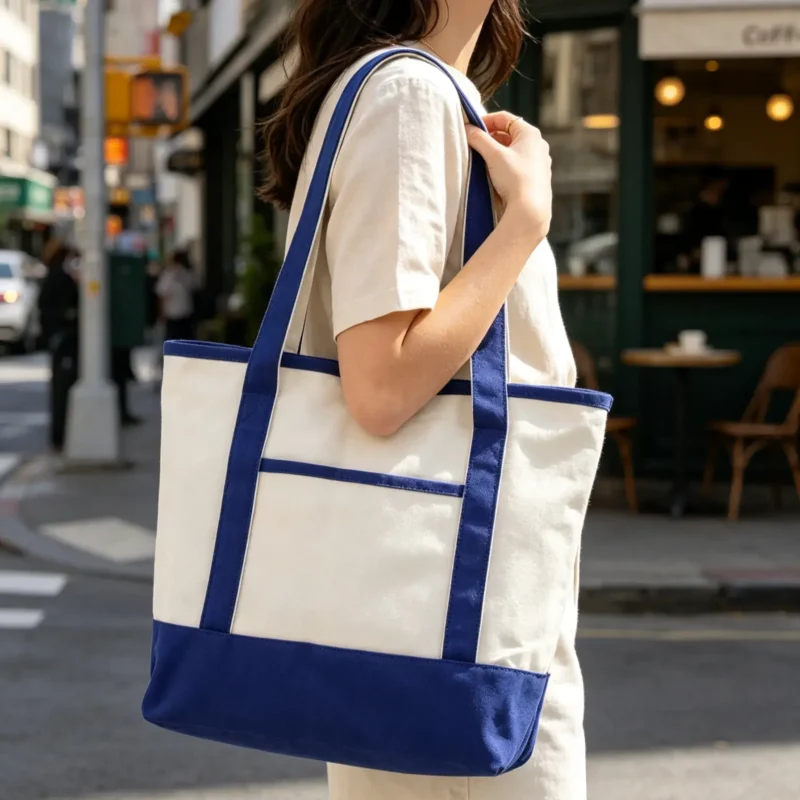 Premium Large Canvas Two-Tone Navy Blue Tote Bag Front Pocket