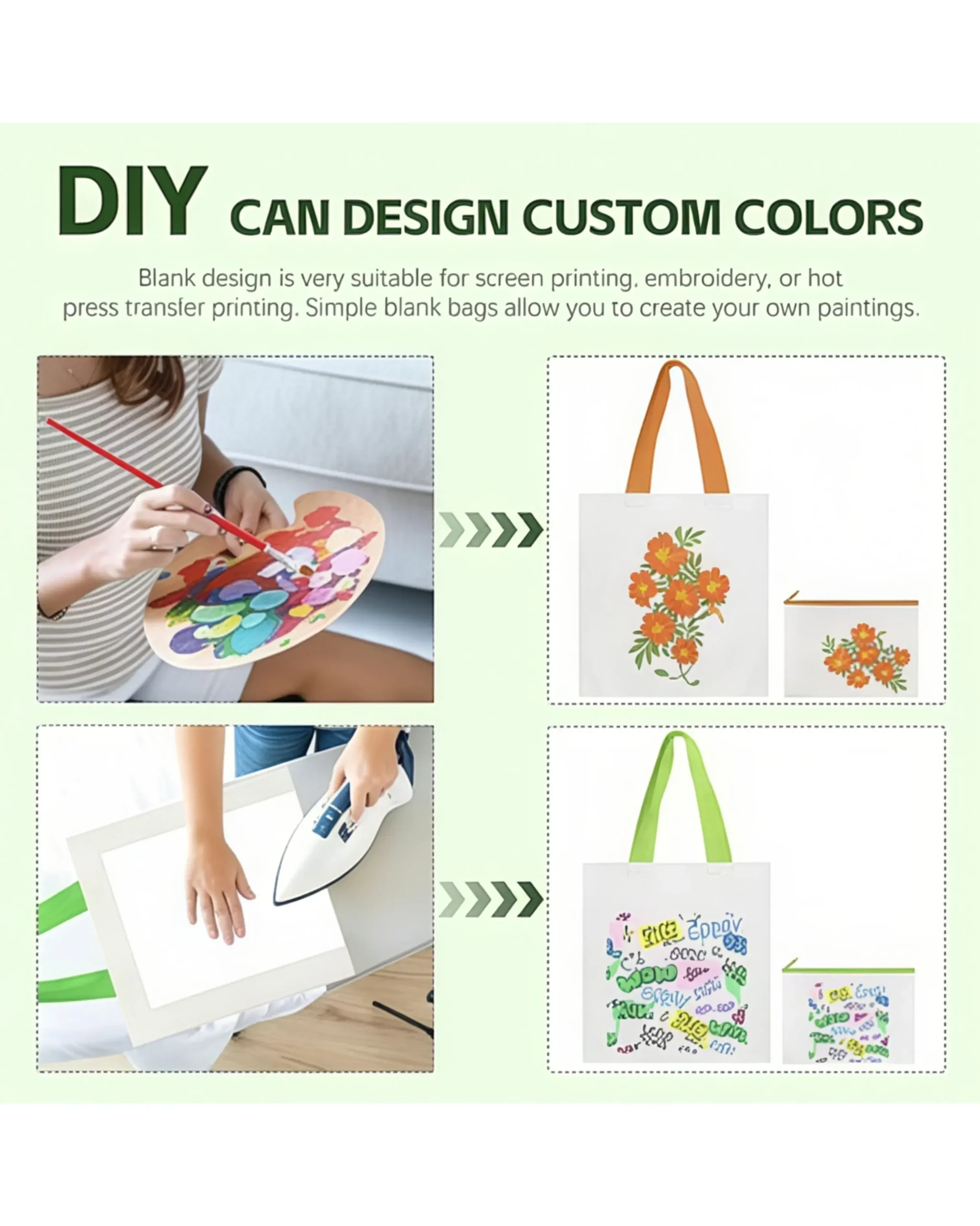 Reusable Colorful Handles Blank DIY Personalized Cotton Tote Bags