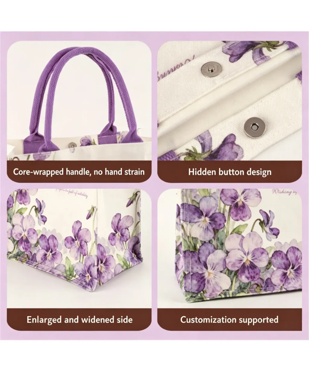 Romantic Violet Daisy Sunflower Personalized Canvas Tote Bags for Travel Errand