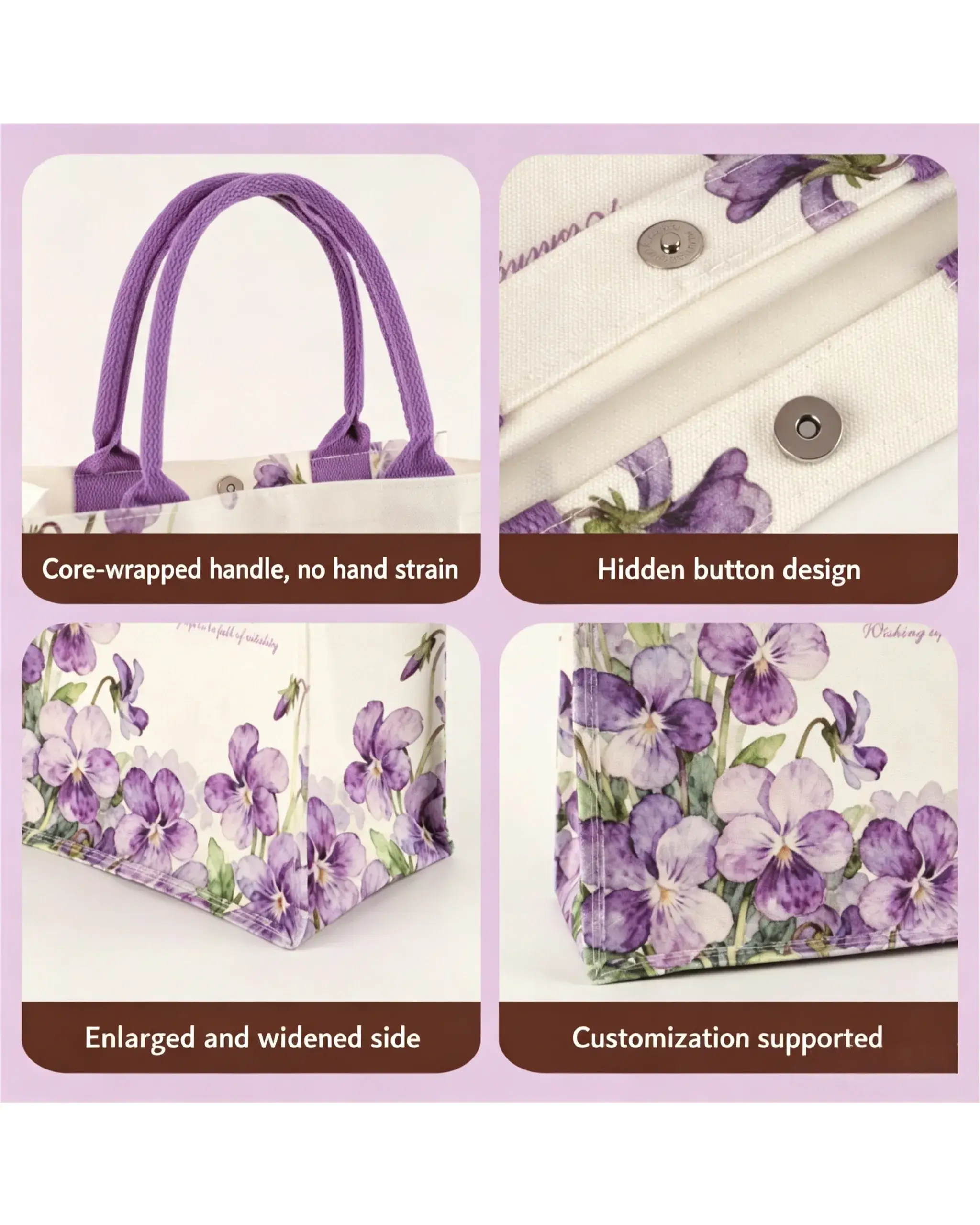 Romantic Violet Daisy Sunflower Personalized Canvas Tote Bags for Travel Errand