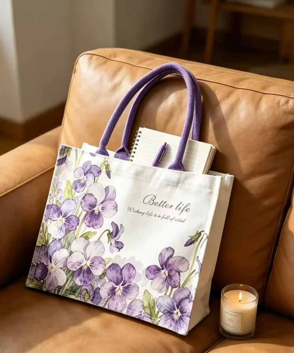 Romantic Violet Daisy Sunflower Personalized Canvas Tote Bags for Travel Errand