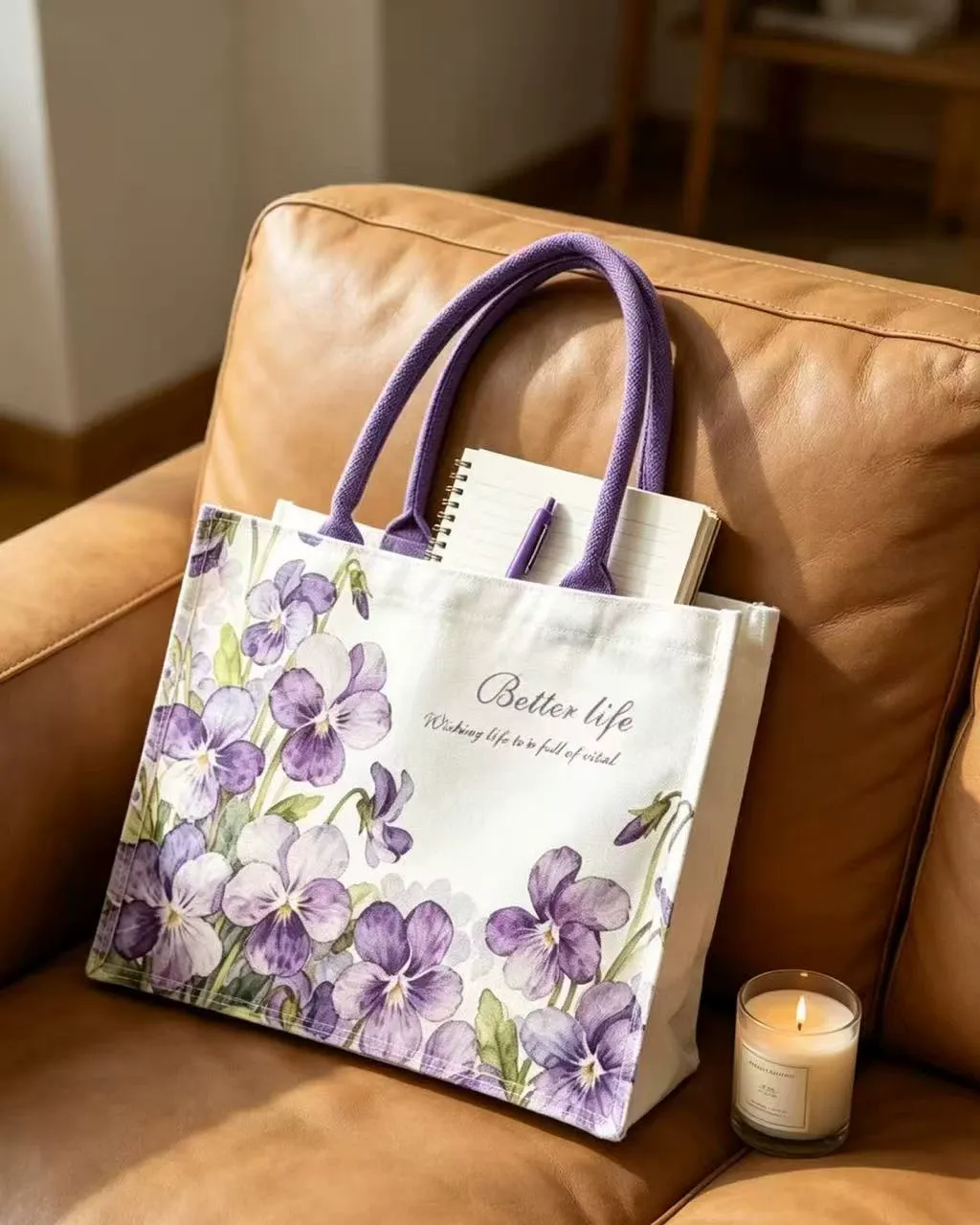 Romantic Violet Daisy Sunflower Personalized Canvas Tote Bags for Travel Errand