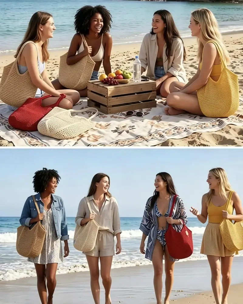 Soft Hollow Crochet Beach Tote Bag Vacation Boho Hobo Style