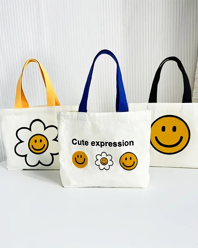 Sweet Cute Smile Flower Small Canvas Tote Bags with Colored Handles