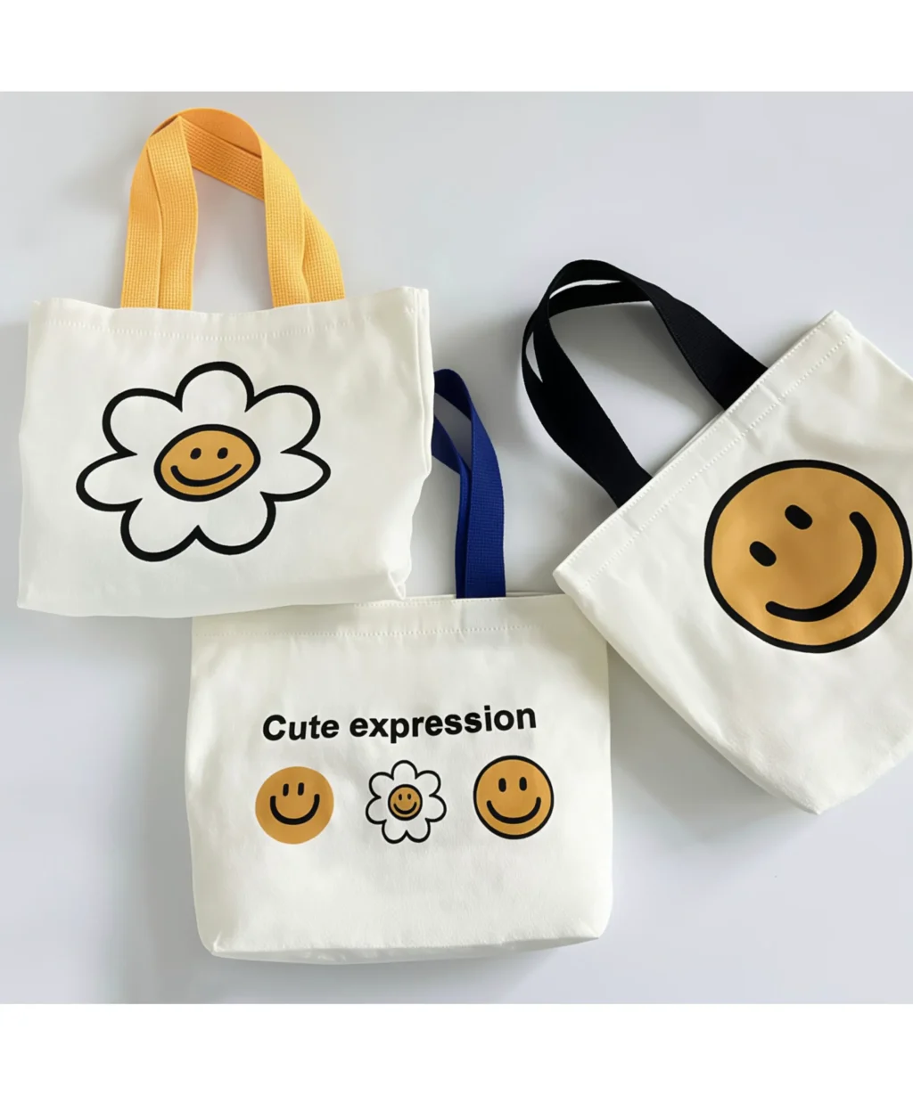 Sweet Cute Smile Flower Small Canvas Tote Bags with Colored Handles - Image 6