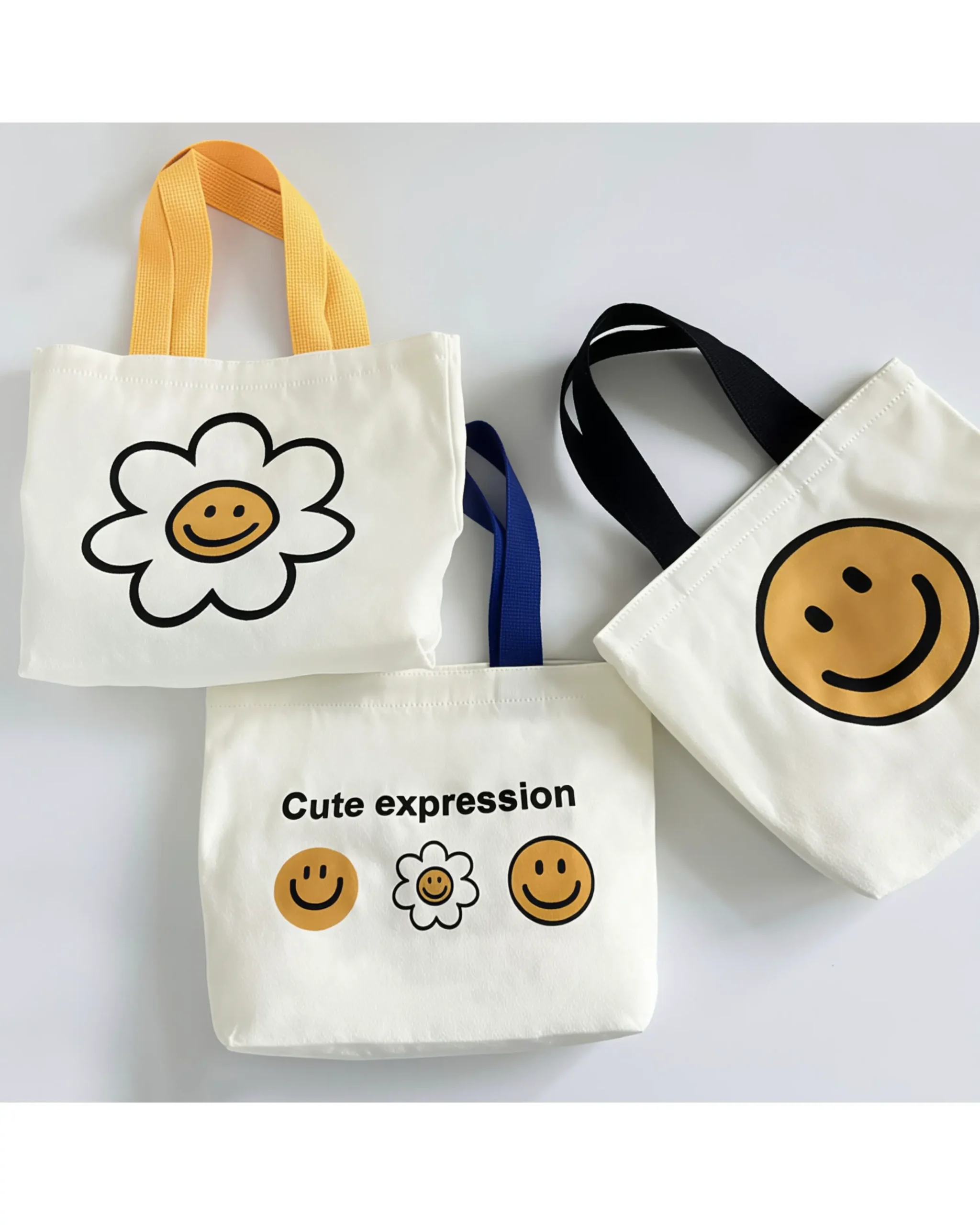 Sweet Cute Smile Flower Small Canvas Tote Bags with Colored Handles - Image 6