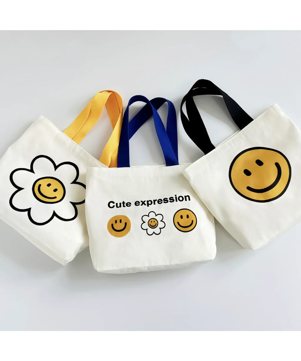 Sweet Cute Smile Flower Small Canvas Tote Bags with Colored Handles