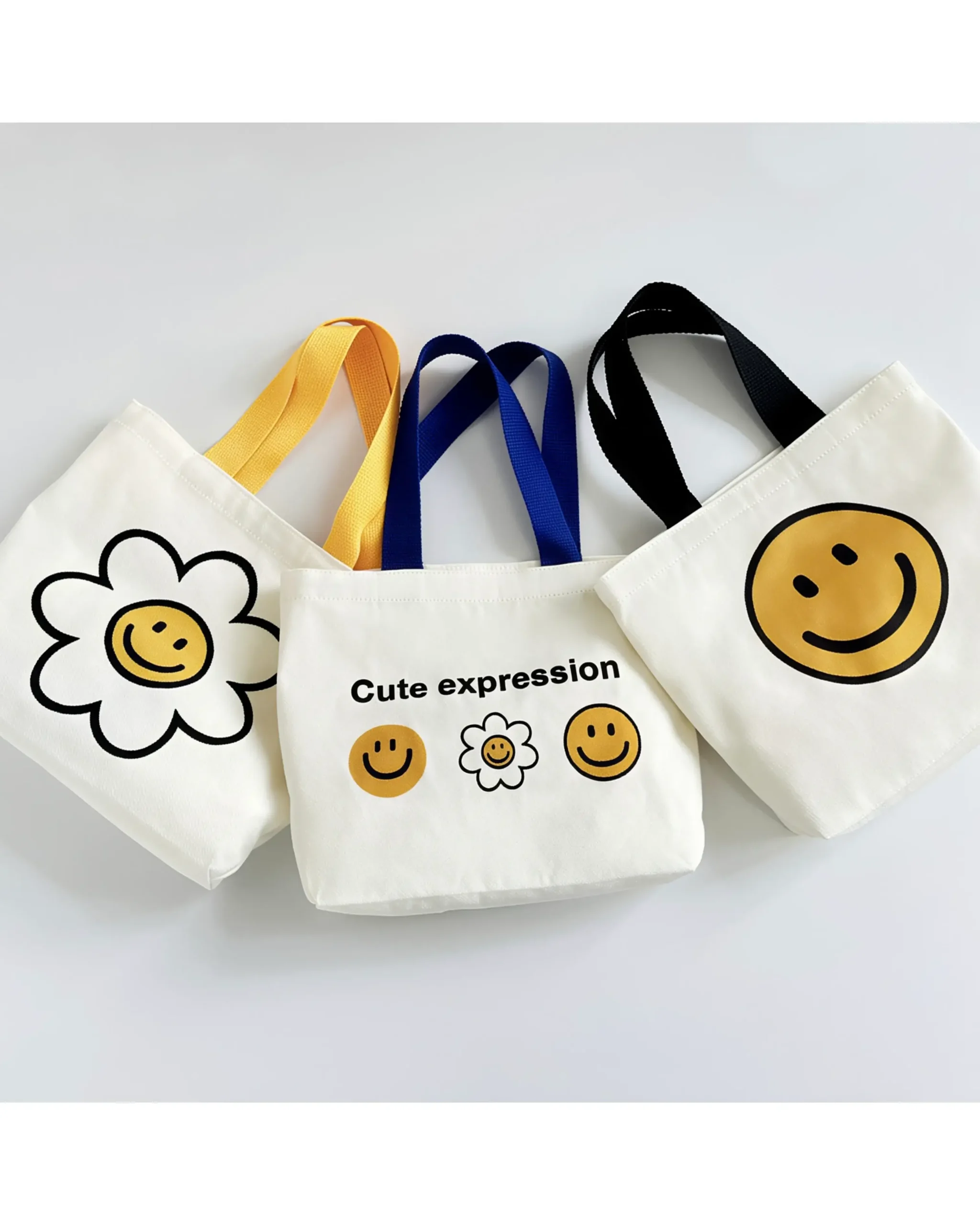 Sweet Cute Smile Flower Small Canvas Tote Bags with Colored Handles