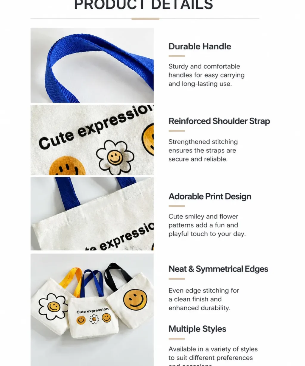 Sweet Cute Smile Flower Small Canvas Tote Bags with Colored Handles