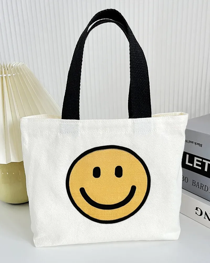 Sweet Cute Smile Flower Small Canvas Tote Bags with Colored Handles