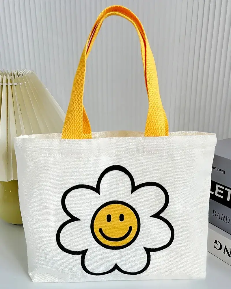 Sweet Cute Smile Flower Small Canvas Tote Bags with Colored Handles