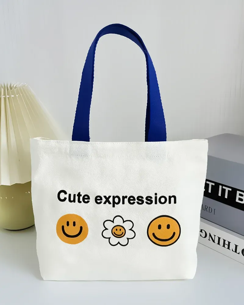 Sweet Cute Smile Flower Small Canvas Tote Bags with Colored Handles