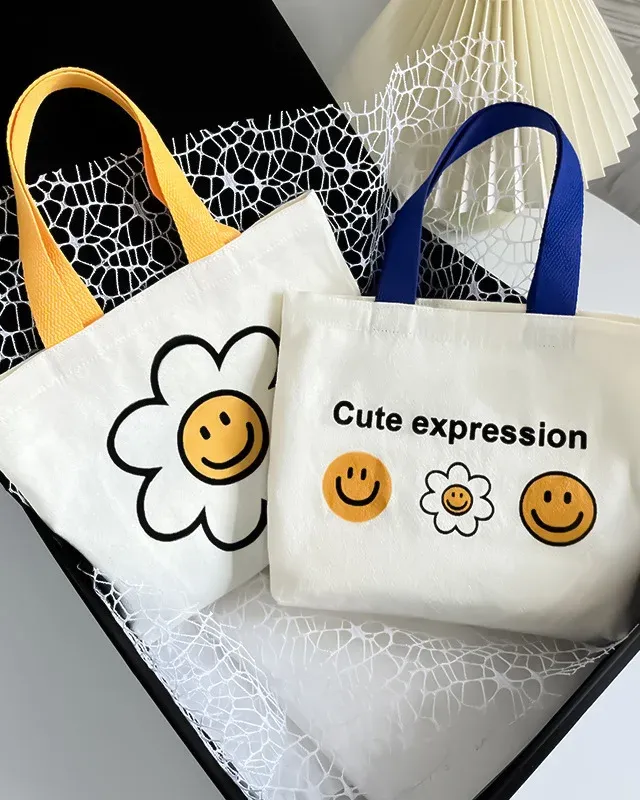 Sweet Cute Smile Flower Small Canvas Tote Bags with Colored Handles