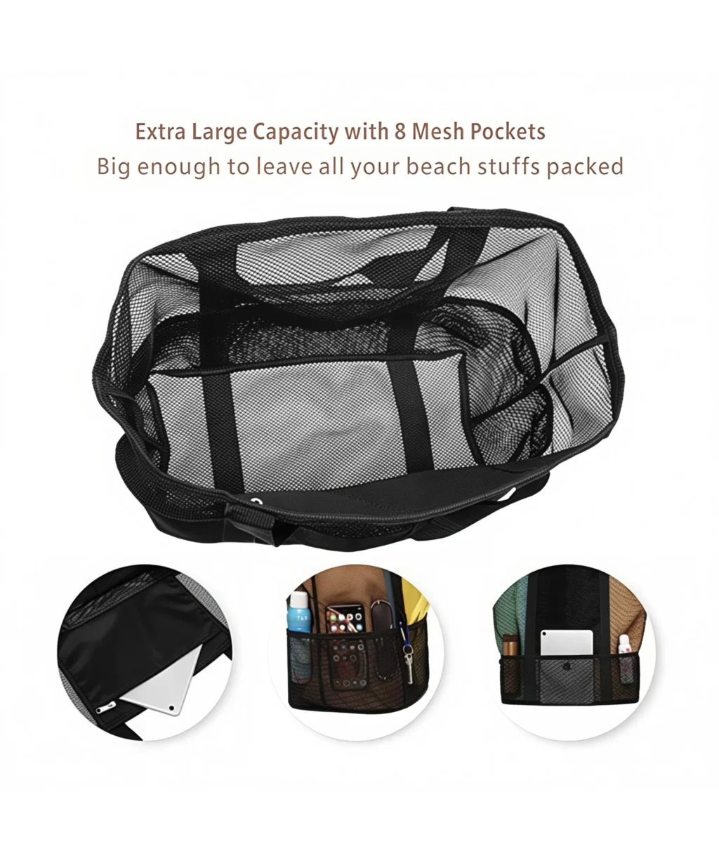 Versatile Large Zippered Beach Mesh Tote Bag with 8 Pockets for Swimming Travel