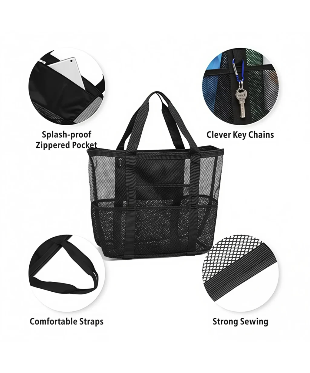 Versatile Large Zippered Beach Mesh Tote Bag with 8 Pockets for Swimming Travel
