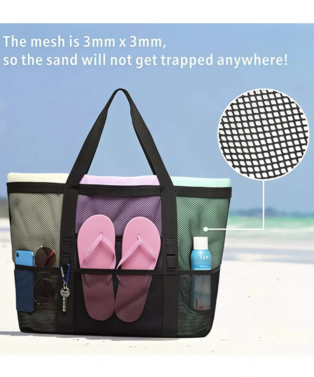 Versatile Large Zippered Beach Mesh Tote Bag with 8 Pockets for Swimming Travel