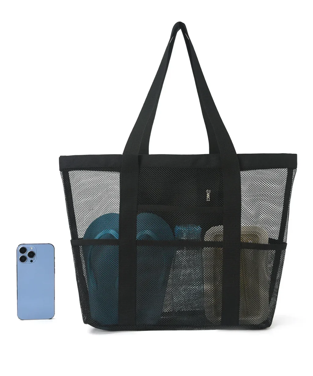 Versatile Large Zippered Beach Mesh Tote Bag with 8 Pockets for Swimming Travel