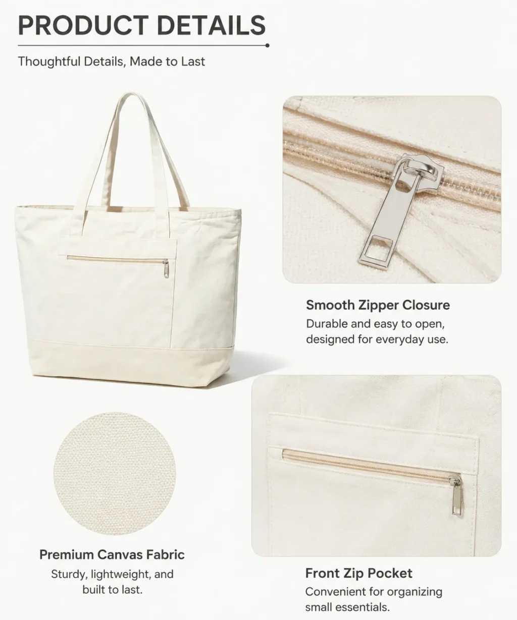 Versatile Two-Tone Large Canvas Tote Bags with Zipper Pocket - Image 4