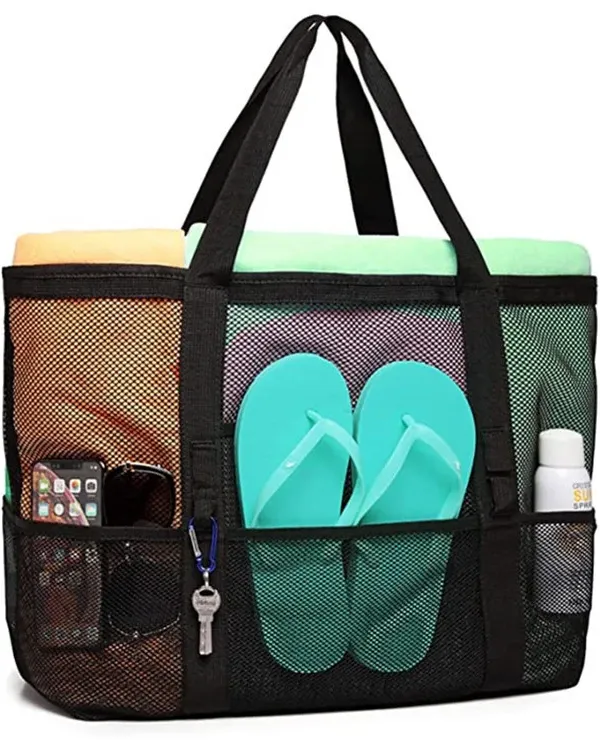 Versatile Large Zippered Beach Mesh Tote Bag with 8 Pockets for Swimming Travel