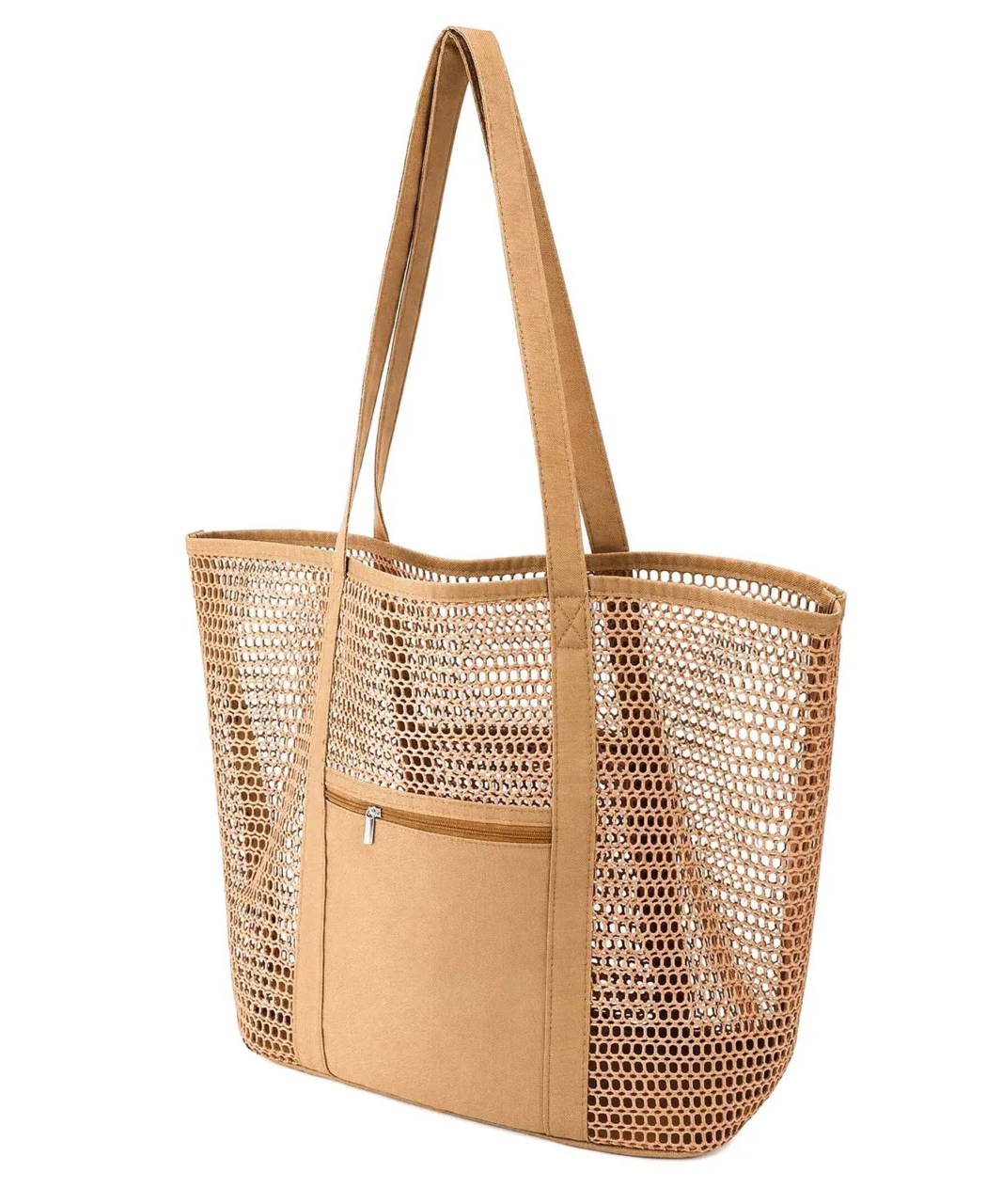 Foldable Women‘s Polyester Mesh Beach Tote Bag with Pocket light brown