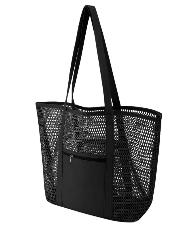 Foldable Women‘s Polyester Mesh Beach Tote Bag with Pocket black