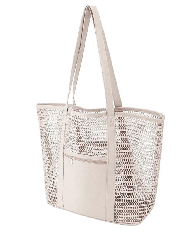 Foldable Women‘s Polyester Mesh Beach Tote Bag with Pocket beige