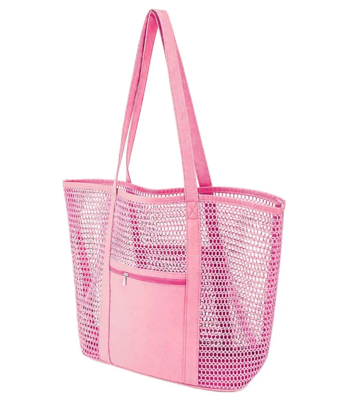 Foldable Women‘s Polyester Mesh Beach Tote Bag with Pocket pink
