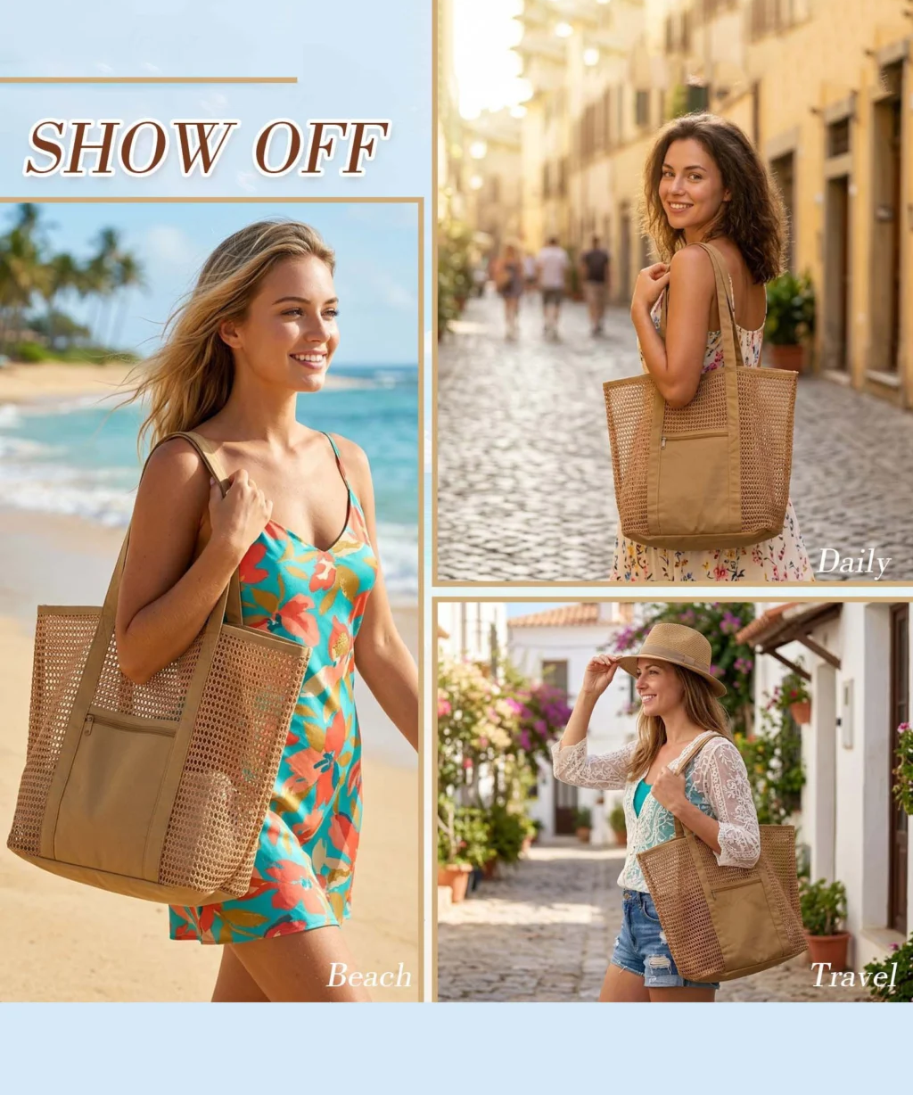 Alternative view of Foldable Women‘s Polyester Mesh Beach Tote Bag with Pocket