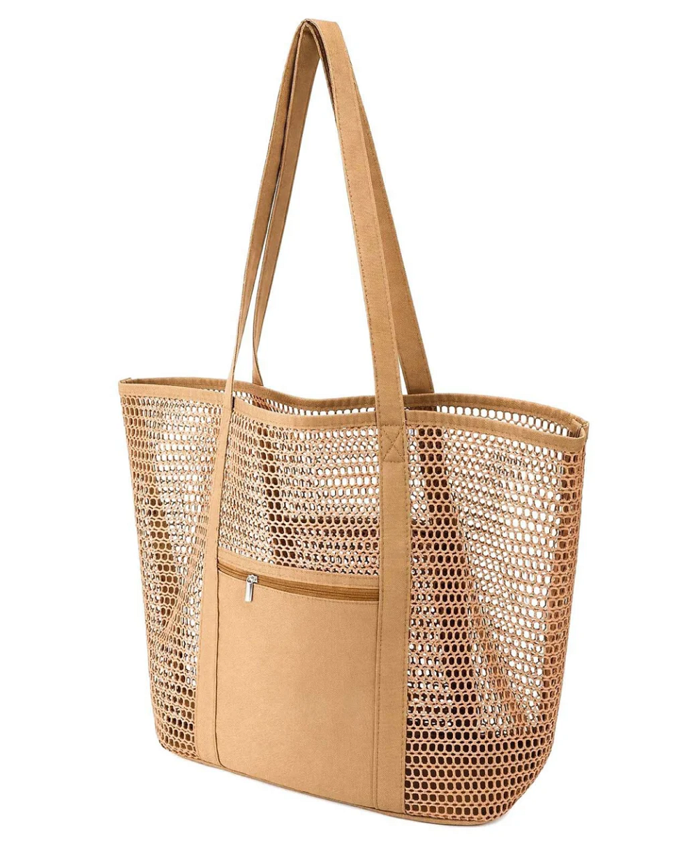 Foldable Women‘s Polyester Mesh Beach Tote Bag with Pocket
