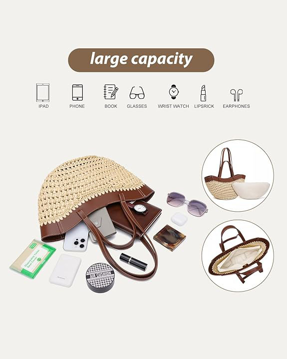 Straw Wove Beach Tote Bag with Leather Trim for Women - Image 6
