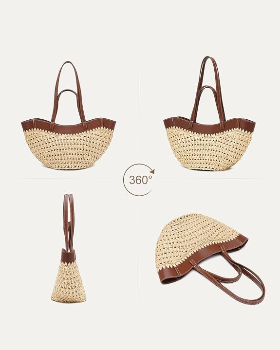 Straw Wove Beach Tote Bag with Leather Trim for Women - Image 5