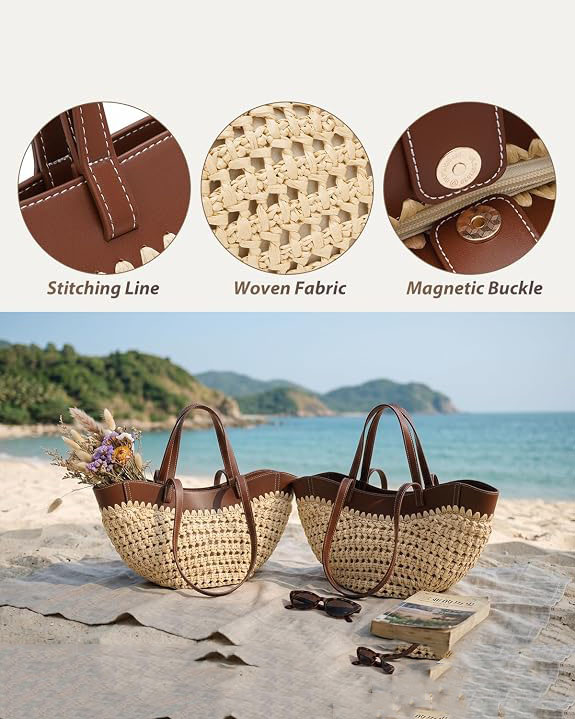 Straw Wove Beach Tote Bag with Leather Trim for Women - Image 4