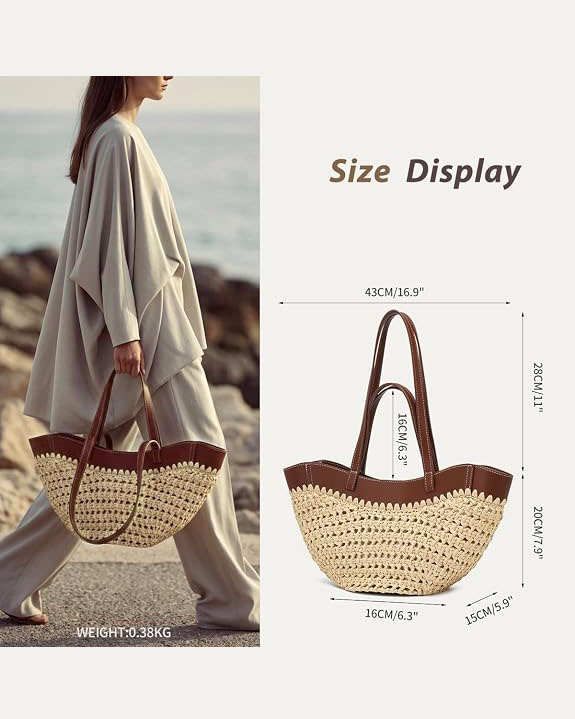 Straw Wove Beach Tote Bag with Leather Trim for Women - Image 3