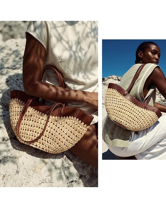 Alternative view of Straw Wove Beach Tote Bag with Leather Trim for Women