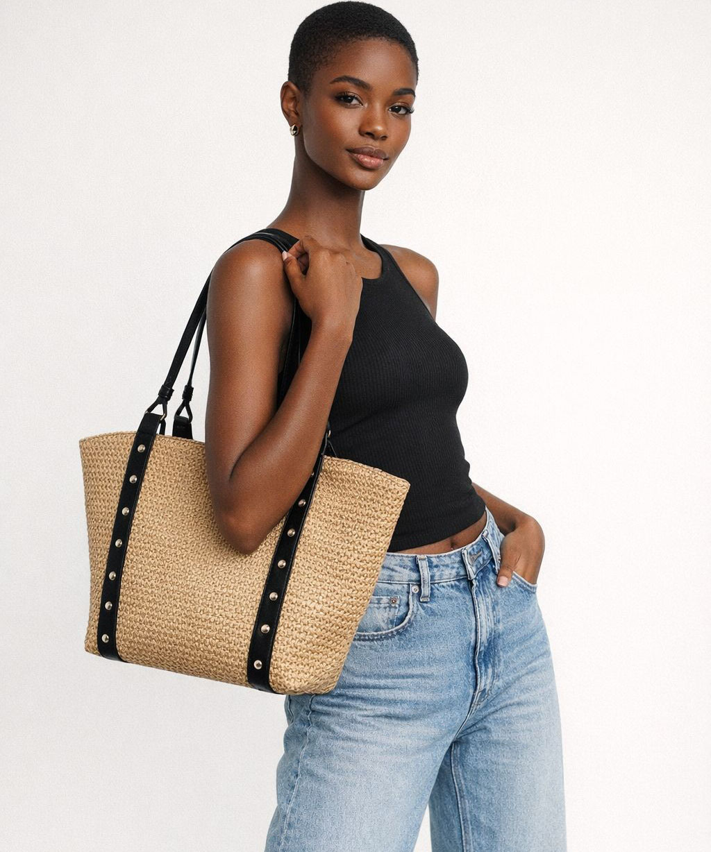 Alternative view of Casual Khaki Straw Tote Bag with Leather Handles Summer Beach Vacation