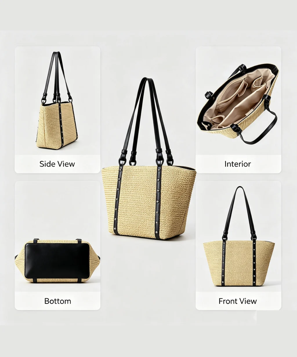 Casual Khaki Straw Tote Bag with Leather Handles Summer Beach Vacation - Image 7