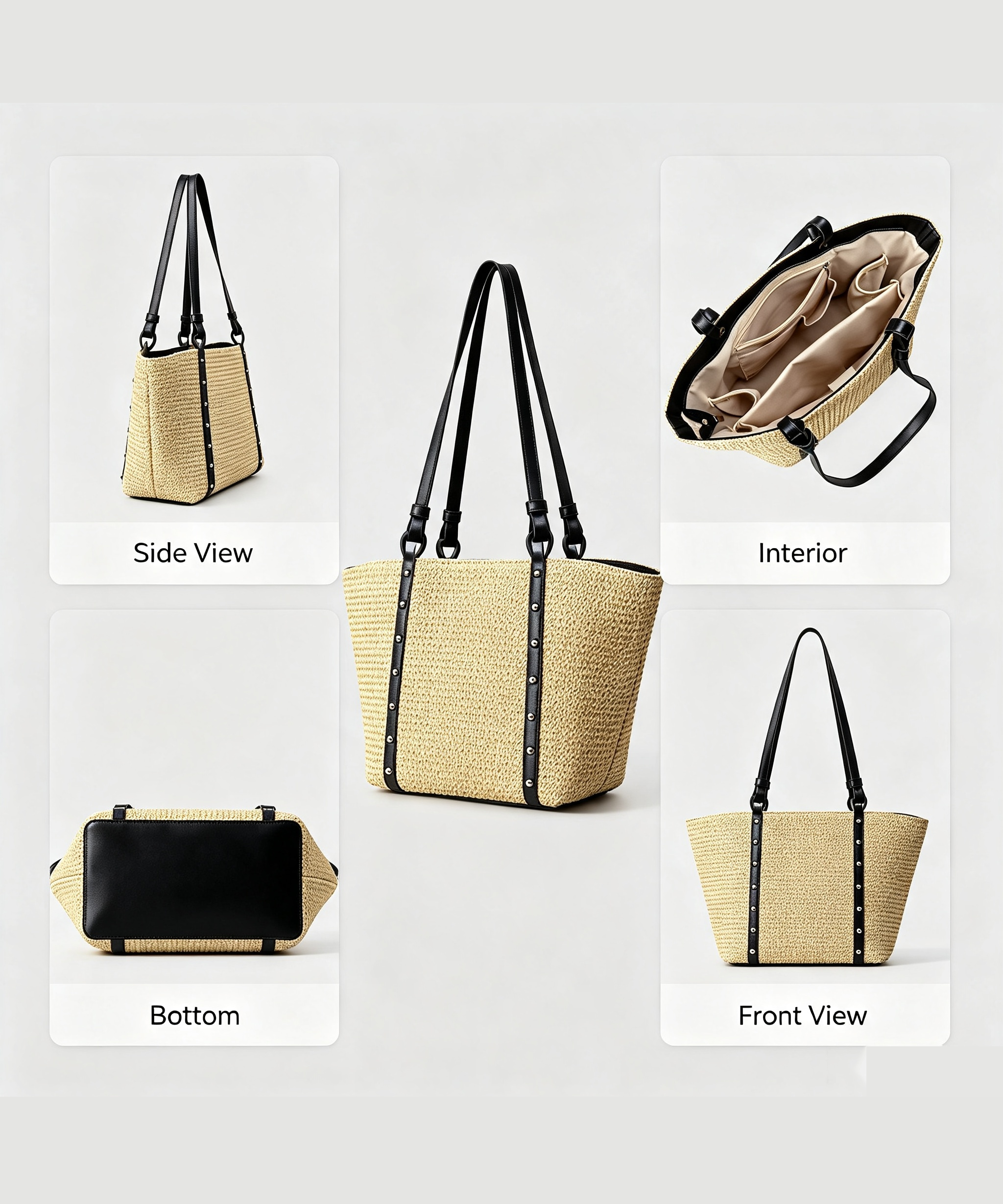 Casual Khaki Straw Tote Bag with Leather Handles Summer Beach Vacation - Image 7