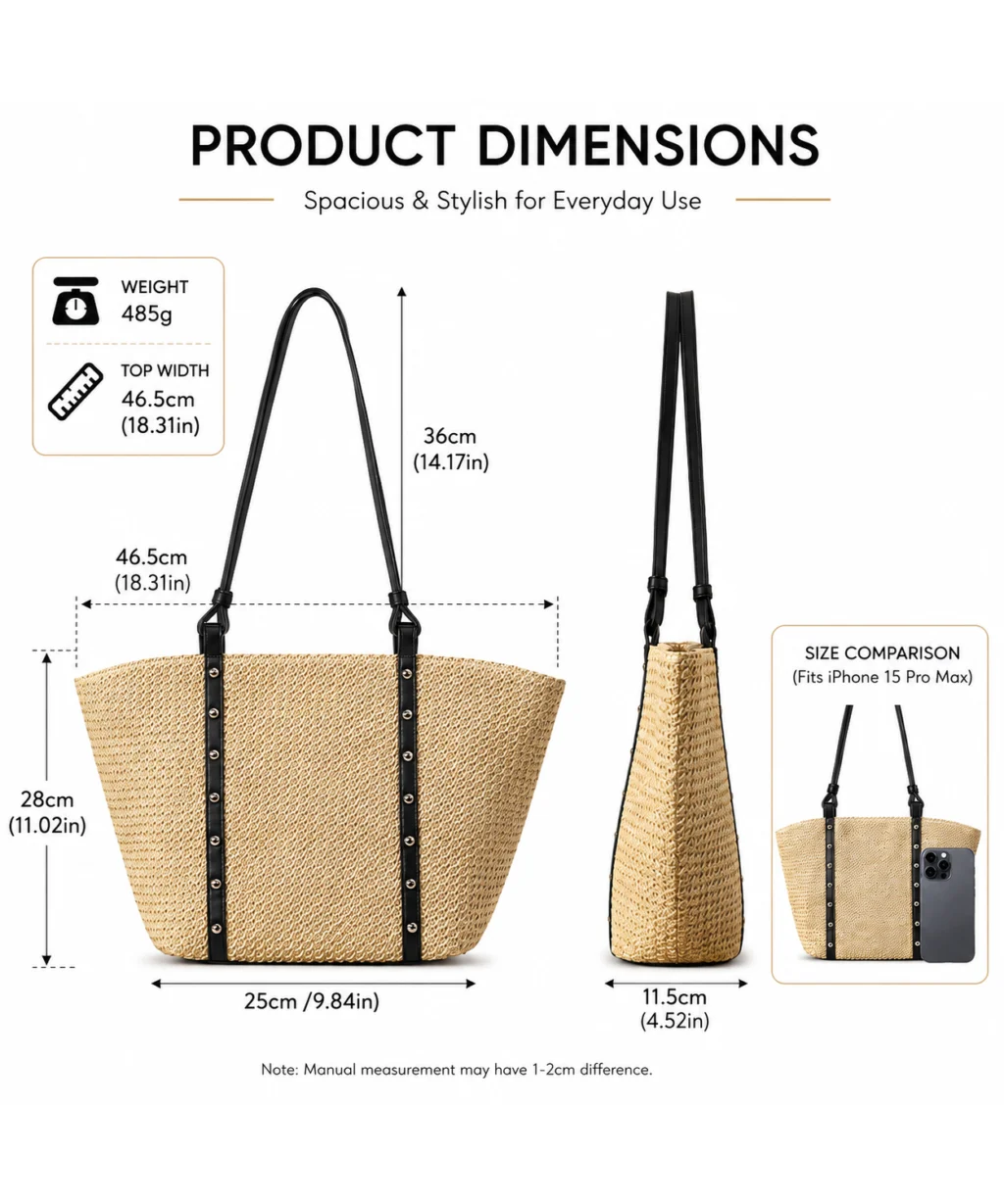 Casual Khaki Straw Tote Bag with Leather Handles Summer Beach Vacation - Image 5