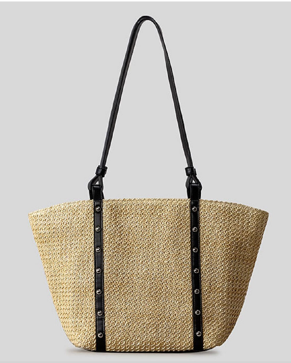 Casual Khaki Straw Tote Bag with Leather Handles Summer Beach Vacation
