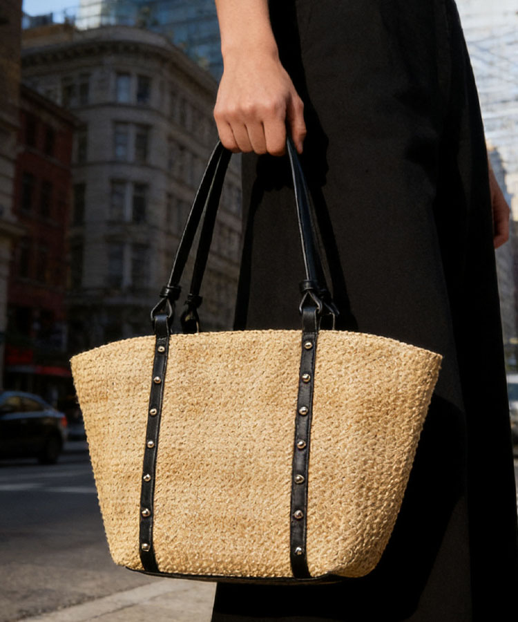 Casual Khaki Straw Tote Bag with Leather Handles Summer Beach Vacation - Image 4